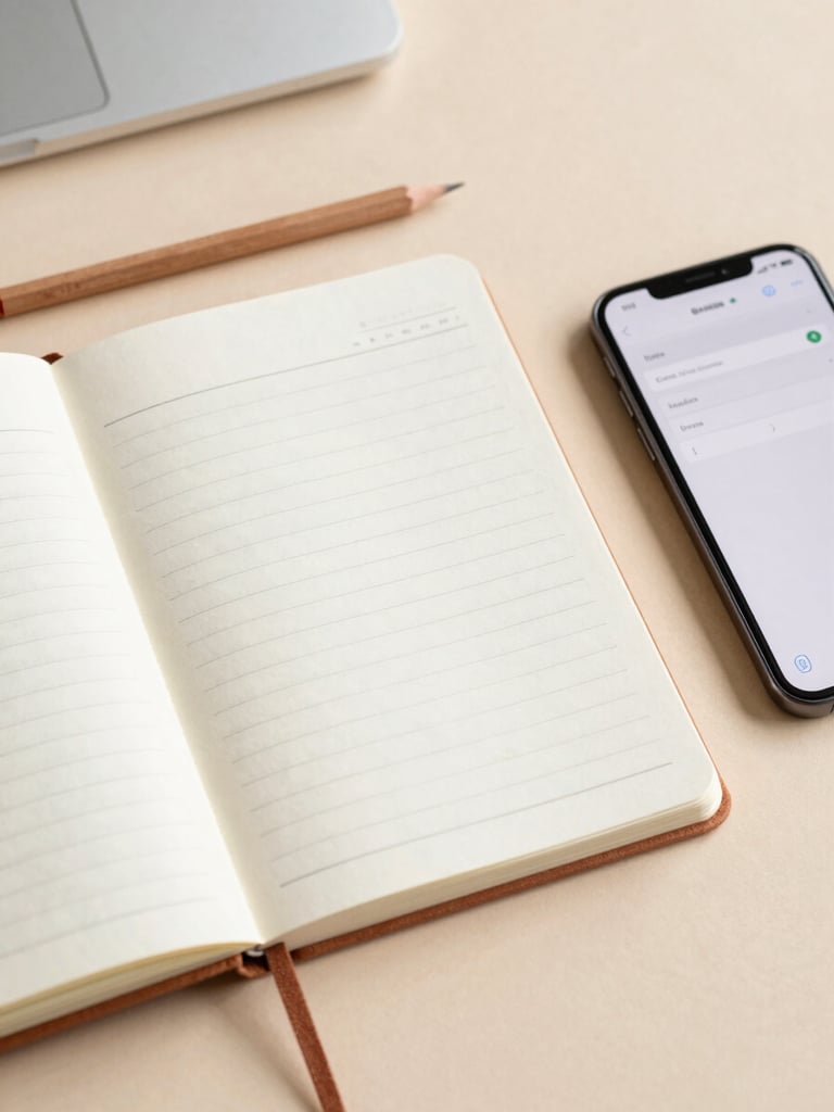 A top-down view of a neatly arranged desk with a notebook showing content wireframes, a pencil, and a smartphone displaying a clean layout, warm lighting