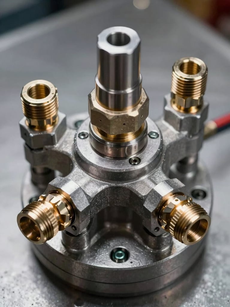 Extreme close-up overhead shot of a hydraulic manifold block on a machined steel surface, precision-threaded fittings and high-pressure hose connectors visible in sharp detail, studio strobe lighting from above, no shadows, neutral metallic background