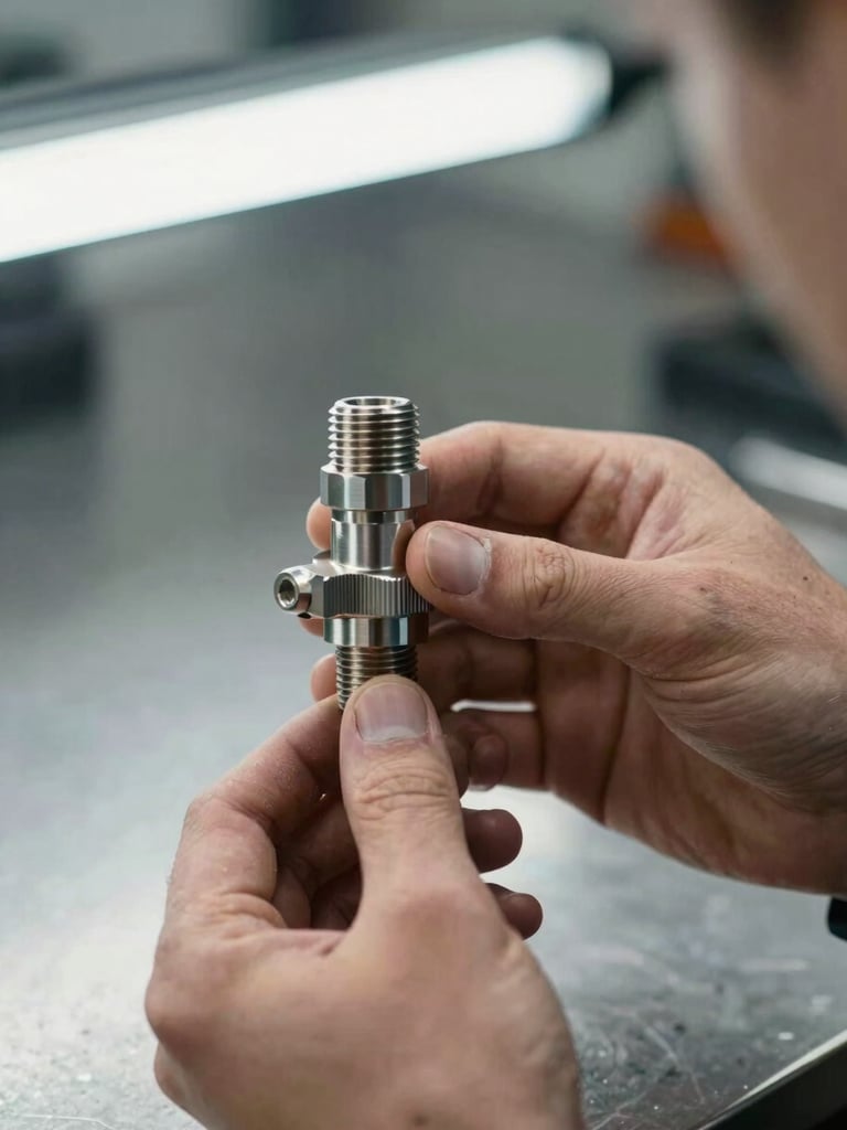 Close-up portrait-oriented shot of an engineer's hands holding a precision hydraulic fitting against a neutral metallic workshop surface, under bright studio strobe lighting, sharp focus on threaded connector detail, no background clutter, clean industrial atmosphere