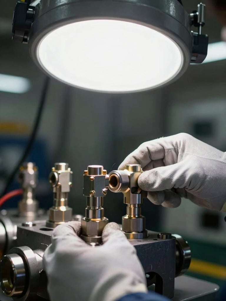 Extreme close-up of a technician's gloved hands connecting industrial hydraulic fittings on a steel manifold block, bright studio strobe lighting from above, metallic surface catching sharp specular highlights, blurred factory equipment visible in background