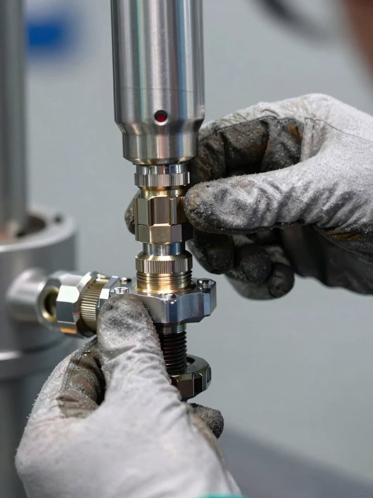 Extreme close-up of an engineer's gloved hands adjusting a hydraulic fitting on industrial piping, bright overhead daylight, metallic surfaces with visible thread detail, neutral grey background, sharp focus on the connector joint