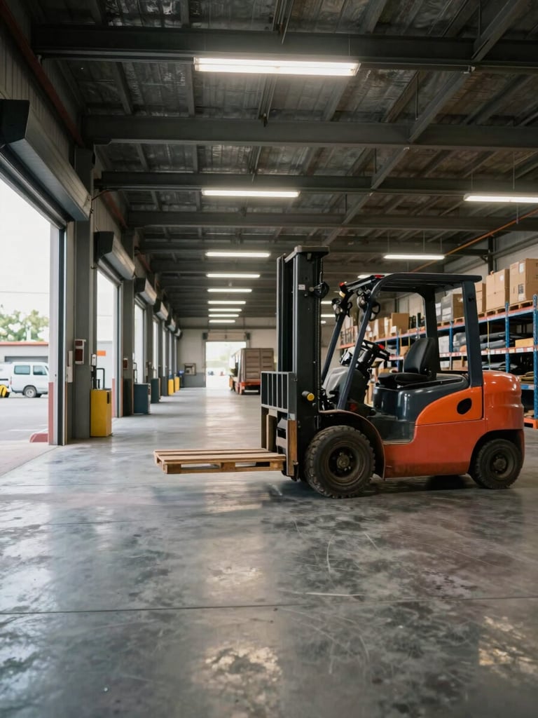 Wide environmental shot inside a working freight warehouse, a long loading dock stretching into the background under fluorescent lights, a forklift mid-movement carrying a pallet, concrete floor and metal shelving visible in daylight spilling from bay doors on the left edge