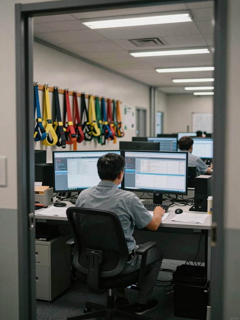 Wide environmental shot inside a busy freight dispatch office, a dispatcher seated at a desk with two monitors showing load boards, cargo securing straps hanging on a wall rack in the background, warehouse fluorescent lighting, paperwork visible on the desk surface, shot from the doorway showing full room depth