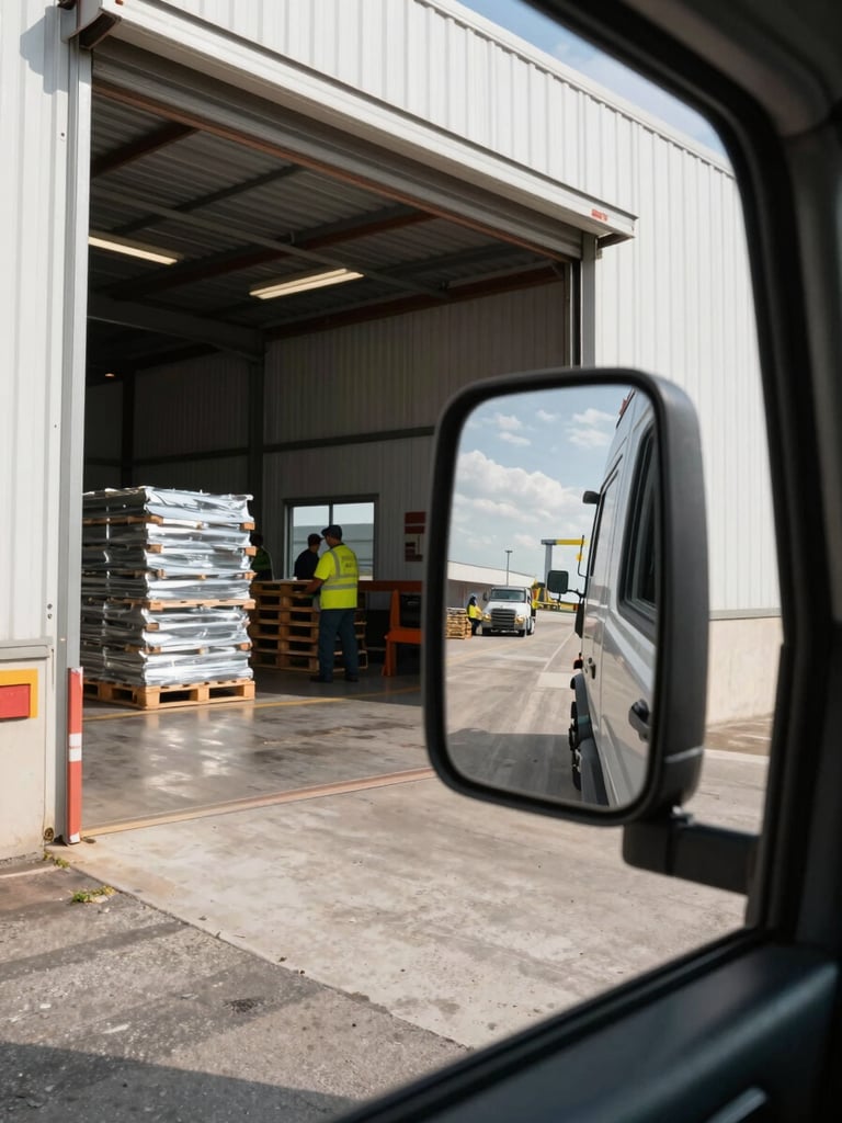 Wide environmental shot from cab height looking across a semi-truck's side mirror toward a loading dock bay, daylight streaming in from the open warehouse door, dock workers visible in the background staging pallets, steel and concrete textures filling the frame