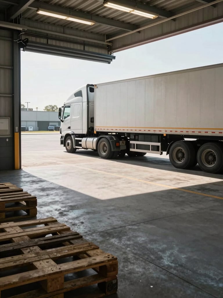 Wide environmental shot looking down a loading dock bay from the left edge, a semi-truck backed flush to the dock door, warehouse fluorescent light spilling across a concrete floor with stacked pallets in the foreground, no people visible, daylight from the open dock door cutting a hard rectangle of light across the floor