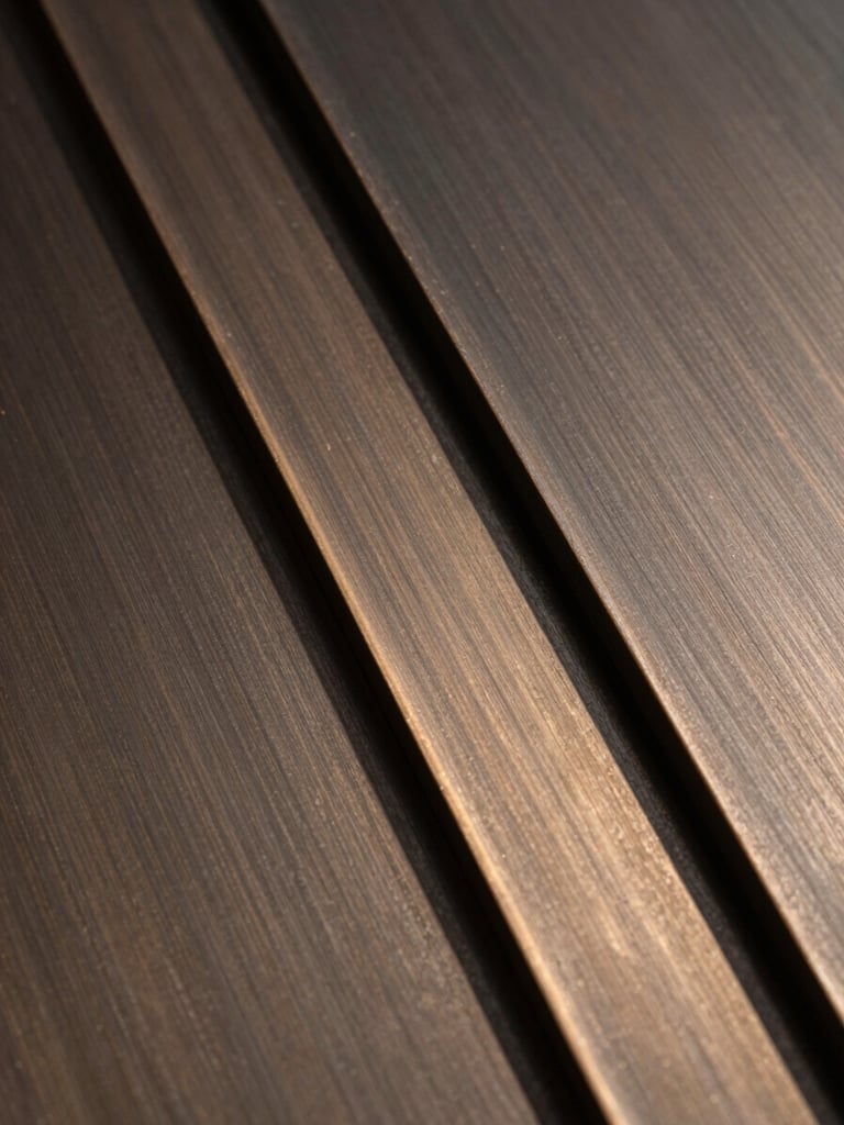 Portrait detail of dark brushed bronze metal plates overlapping with a sharp geometric shadow, warm natural light