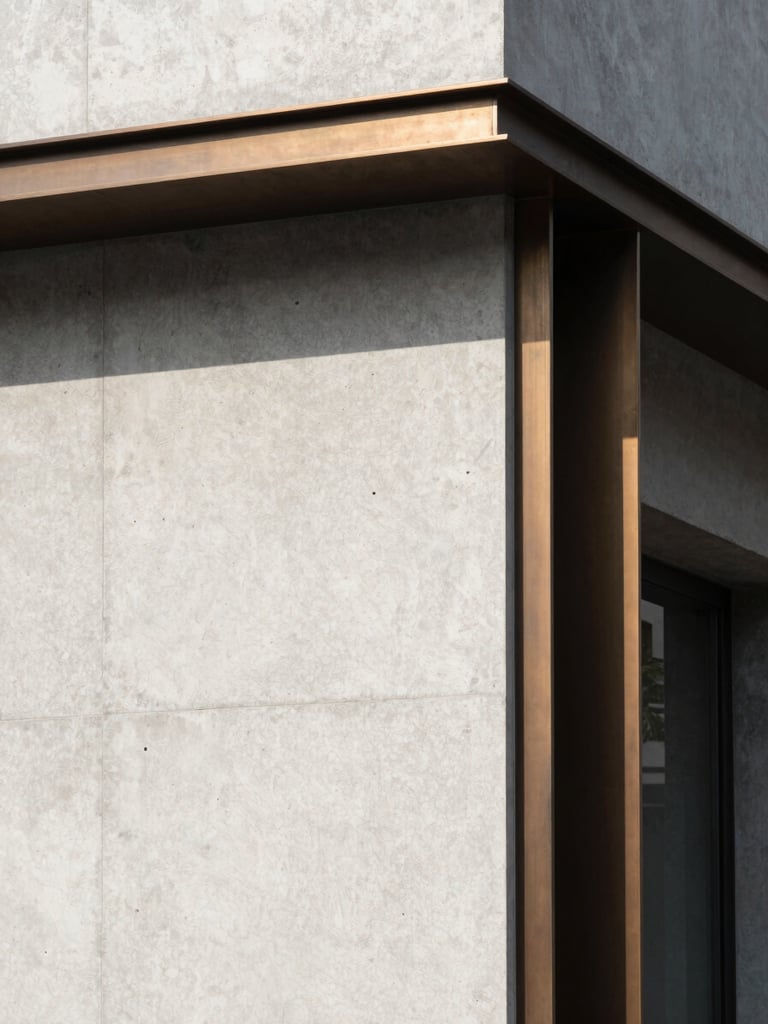 Minimalist architectural detail with high-contrast shadows, clean concrete and bronze accents, natural side lighting