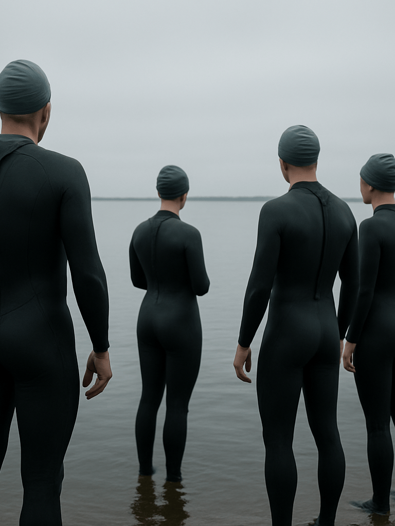Wide environmental shot, group of swimmers standing at the edge of a grey Dutch lake preparing to enter, wetsuits on, flat overcast morning light, water surface calm and dark, horizon low, no faces visible — shot from behind and slightly to the side showing body posture and water context