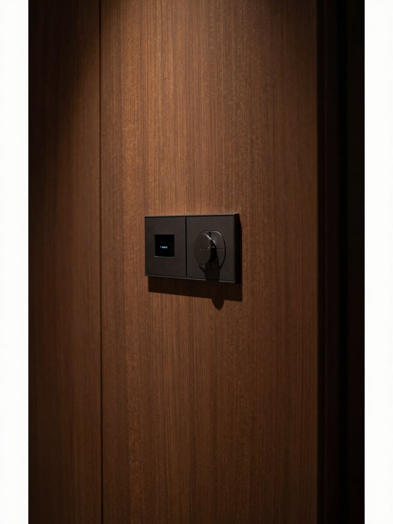 Portrait-oriented close-up of a discreetly integrated control panel, almost invisible, within a bespoke wooden wall panel in a luxury London residence, warm ambient architectural lighting, deep shadows, rich bronze and charcoal tones, Hasselblad medium format.