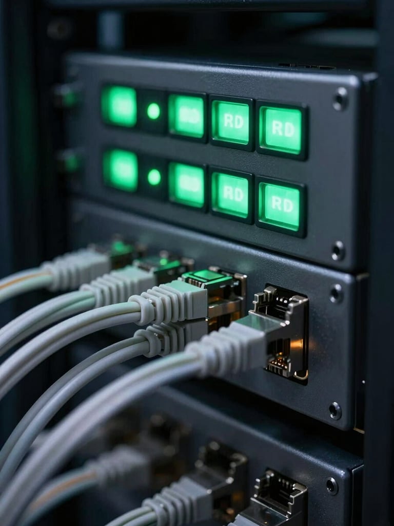 Macro shot of cool-toned server rack indicators with green ambient screen glow, sharp focus on ethernet cabling, technical atmosphere.
