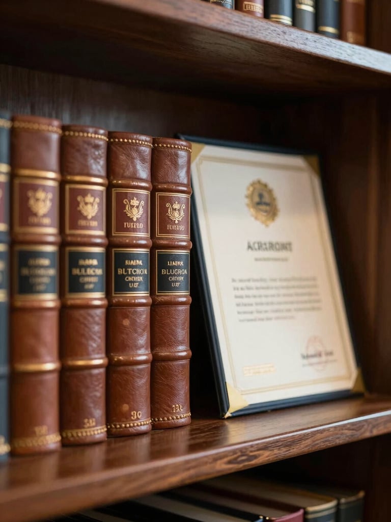 Close-up of classic leather-bound legal volumes and prestigious academic certificates arranged on a dark mahogany shelf, soft warm side lighting, shallow depth of field