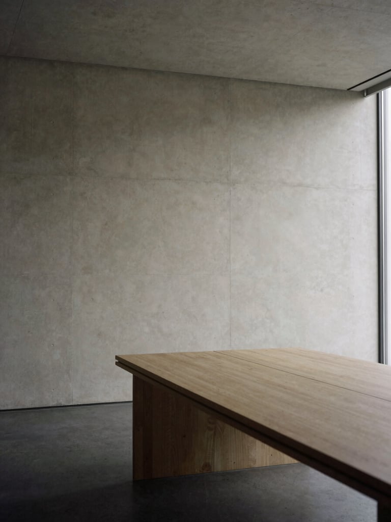 Minimalist architectural photography of an empty high-end concrete boardroom, soft indirect daylight from a high window, muted charcoal and warm cream tones.