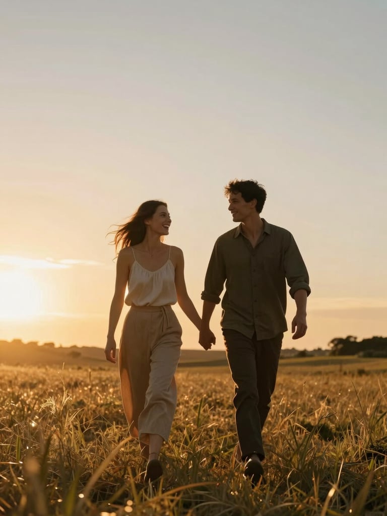 Wide portrait frame, late afternoon sun streaming from the left — a couple walking through open golden-hour meadow, the woman glancing back mid-laugh, the man's hand loosely holding hers, warm amber light wrapping their silhouettes, generous sky above and soft grass below