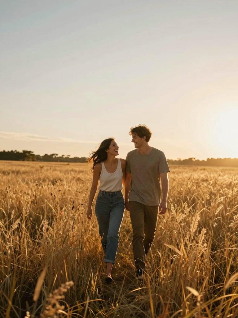 Wide portrait of a couple walking together through tall golden grass at late afternoon, woman leaning into her partner laughing, faces turned toward each other not the camera, warm amber backlight streaming from the right edge, generous sky above and field stretching behind them
