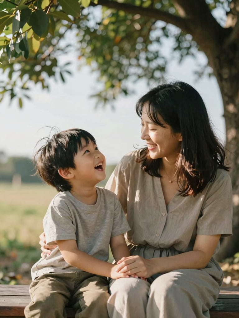 Close portrait-oriented frame, a mother and young child sitting together in open shade under a tree, the child mid-laugh looking up at her mother, warm afternoon light filtering through leaves, both unaware of the camera, hands intertwined, genuine and unposed