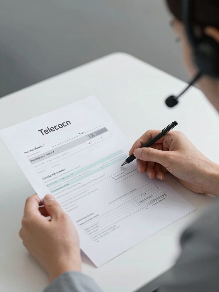 Medium close-up of a customer service representative at a clean desk, reviewing a printed telecom bill document with a headset on, cool neutral studio lighting, hands visible on the document, focus on the paperwork and headset, no face visible