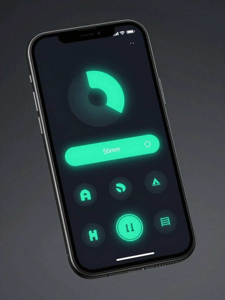 Sleek dark-mode mobile launcher interface on an Android screen, glowing neon cyan accents, dark studio lighting, 35mm