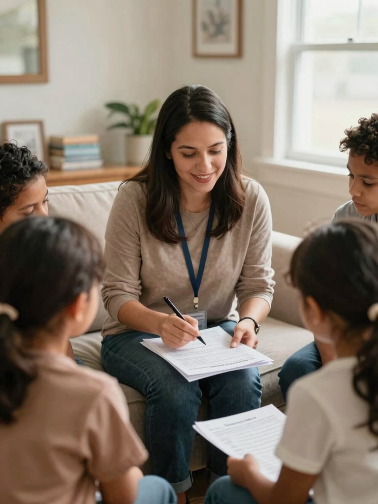 A warm, natural light photograph of an Ohio housing counselor collaborating with a family over budget sheets in a bright, inviting community room, 35mm.