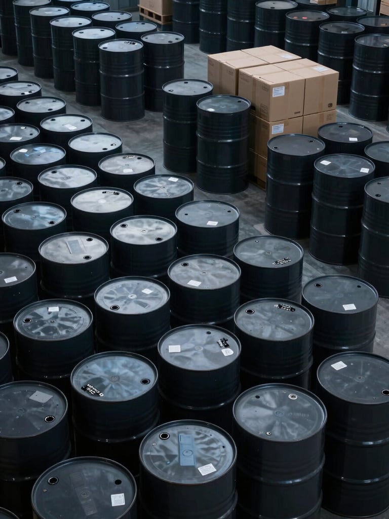 Wide-angle view of a well-organized industrial storage area with neatly stacked barrels and boxes, cool, low-key lighting, technical labels visible as small details, deep charcoal tones.