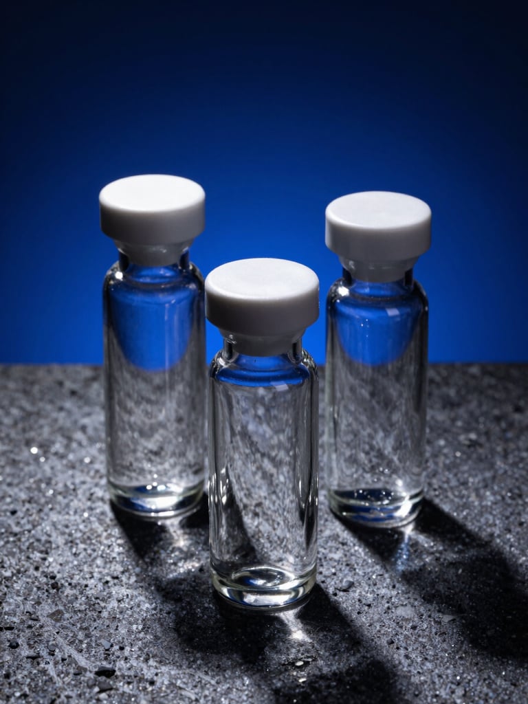 Geometric arrangement of three minimalist glass decant vials on a dark mineral surface, sharp light reflections, royal blue accents.