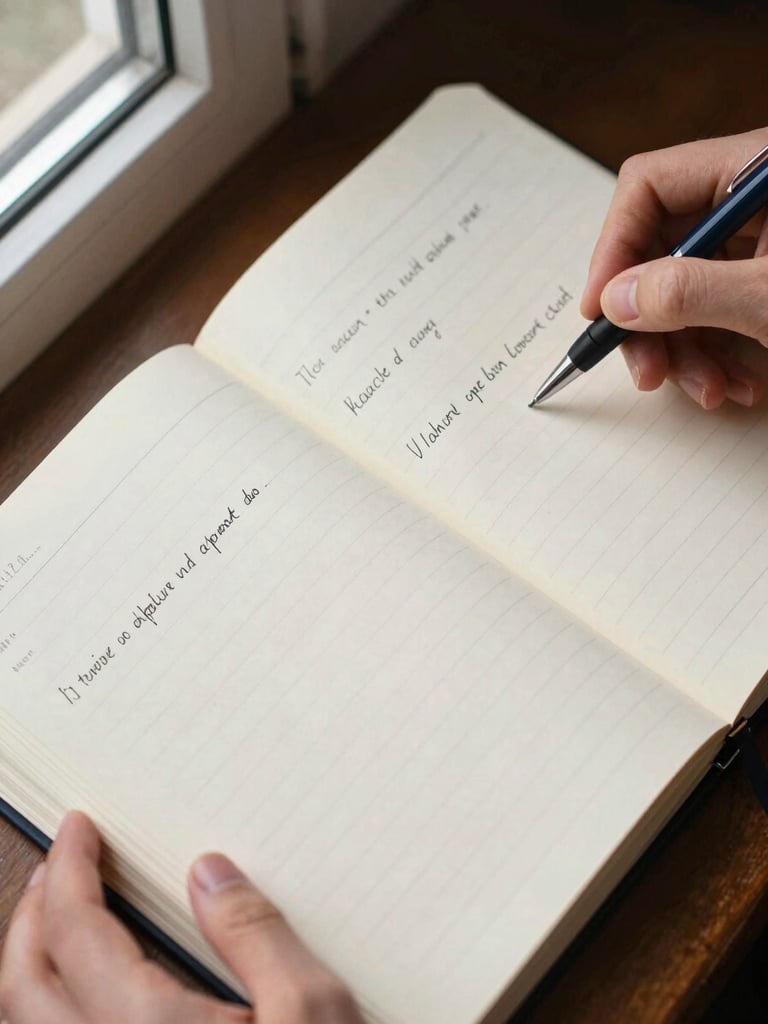 Close-up overhead flatlay of open ledger pages and a pen resting on a lined statement, hands visible at edges reviewing figures, controlled natural window light from the left, cream and navy tones, no people visible beyond wrists