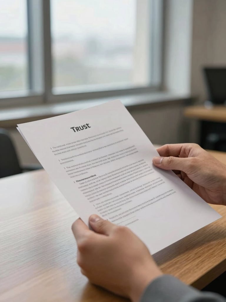 Medium-close of two hands carefully holding and reviewing a multi-page trust document, natural light from a tall office window illuminating the paper edges, a wooden desk surface visible below, no faces, no branding