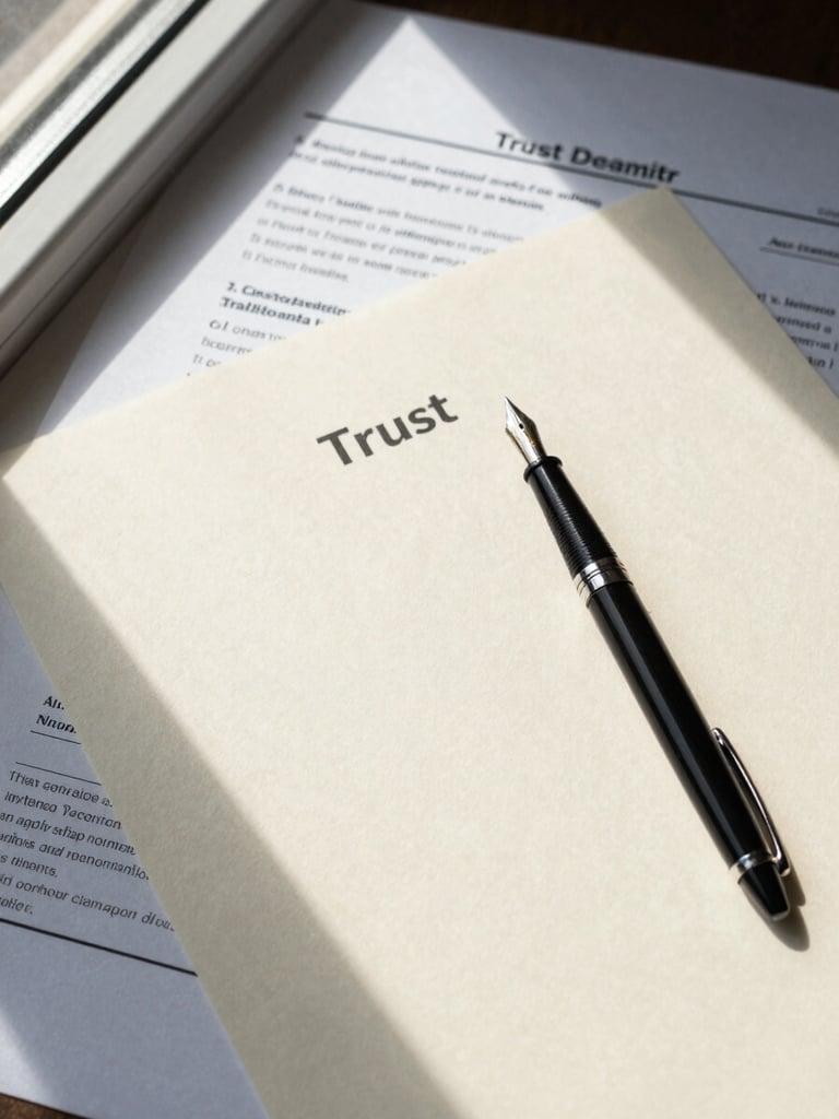 Close overhead flatlay of printed trust statements and a fountain pen resting on cream paper, controlled window light from the left casting soft even shadows, no hands visible, documents partially overlapping to suggest depth and order