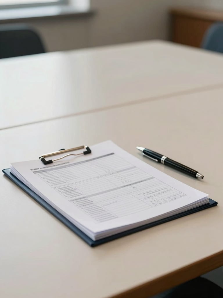 Wide shot of an orderly conference table surface under controlled window light, a manila folder open to printed financial statements, a uncapped pen resting beside it, no people present, muted cream and navy tones