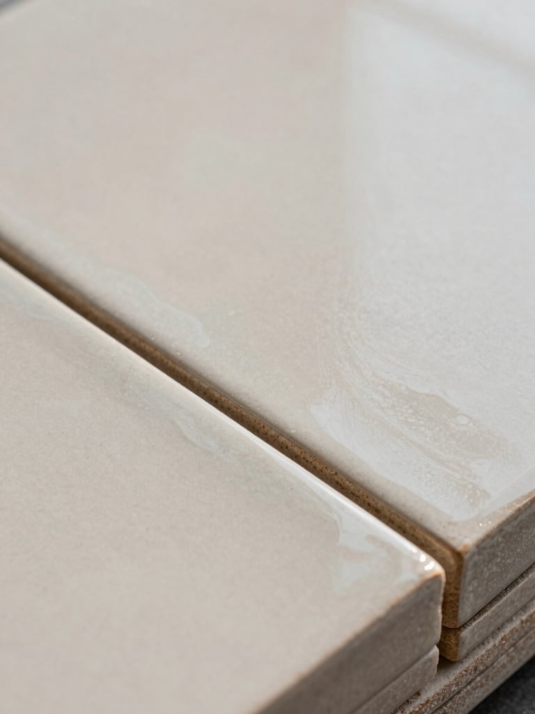 Extreme close-up of large-format ceramic tile surface in even north-facing daylight, glaze texture and grout lines sharply resolved, stacked tile edges visible at bottom right, no styling or staging