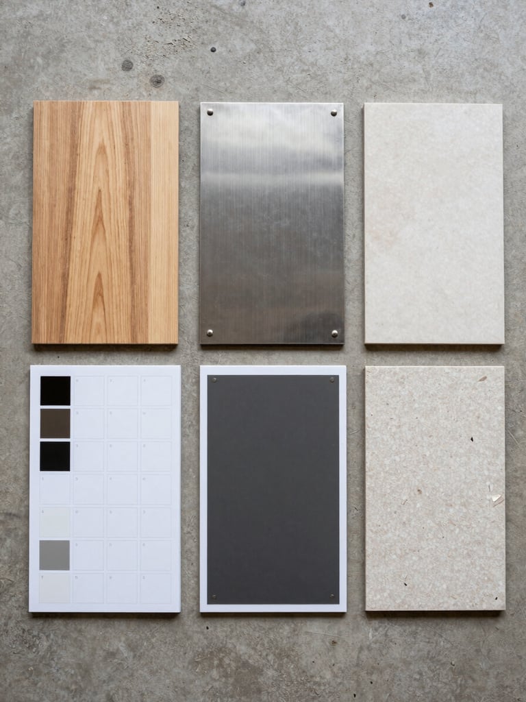 Overhead flat-lay of material specification sheets and product sample swatches on a concrete surface — timber veneer, steel swatch, and tile chip arranged in a row under bright even window light, no props or styling