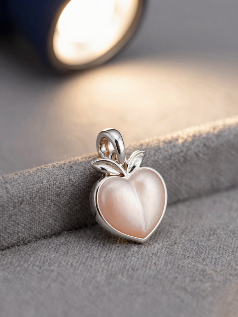 Extreme macro shot of a sterling silver peach charm resting on soft gray linen, warm directional workshop light, 100mm
