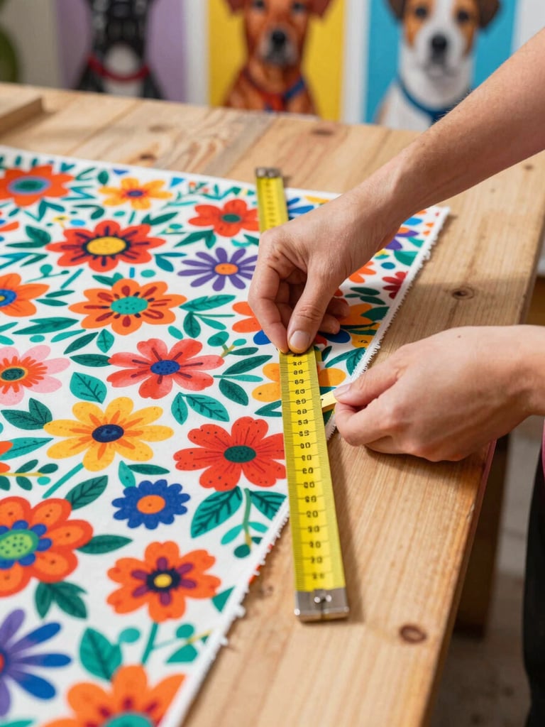 Hands of an artisan carefully measuring a colorful floral fabric with a yellow tape measure on a wooden table in a sunlit workshop in Celaya.