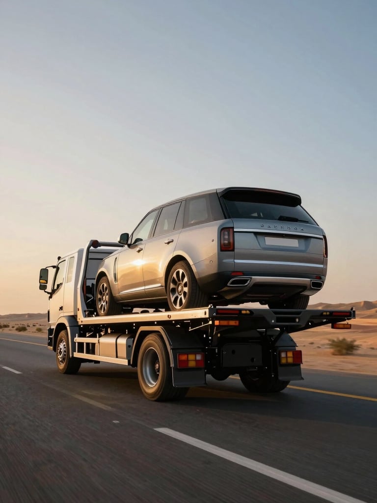 Low-angle heroic shot of a clean modern flatbed truck carrying a luxury SUV on the highway between Dubai and Riyadh, dramatic golden hour desert light, clear sky.