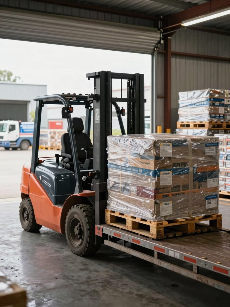 Wide environmental shot inside an active distribution warehouse, forklift loading palletized cargo onto a flatbed truck at the loading dock, natural daylight streaming through industrial bay doors, depth of stacked goods visible in background