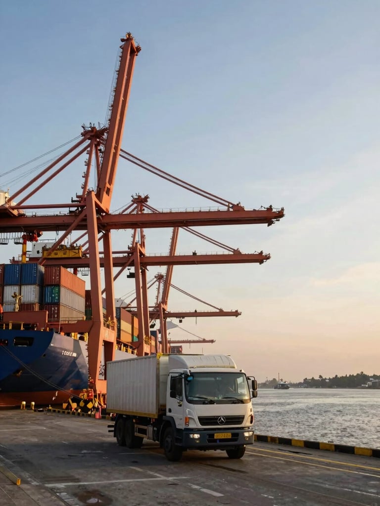 Wide environmental shot of a busy Indonesian port at golden hour, cranes unloading containers from a cargo ship on the left, a logistics truck waiting at the dock gate in the foreground, expansive sky and water in background, strong depth