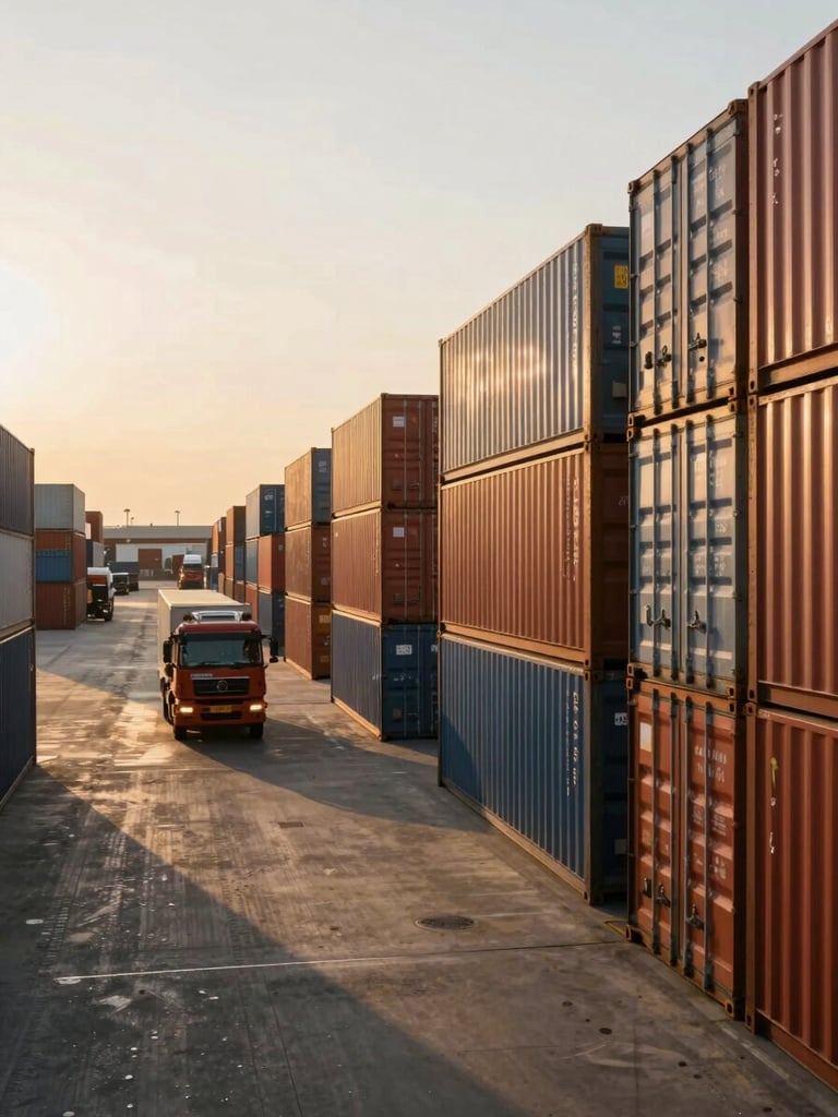 Wide panoramic shot of an active container yard at golden hour, rows of stacked shipping containers receding into depth on the right, a heavy truck moving through the yard in the left-middle ground, warm directional sunlight casting long shadows across the yard surface, industrial scale and operational energy