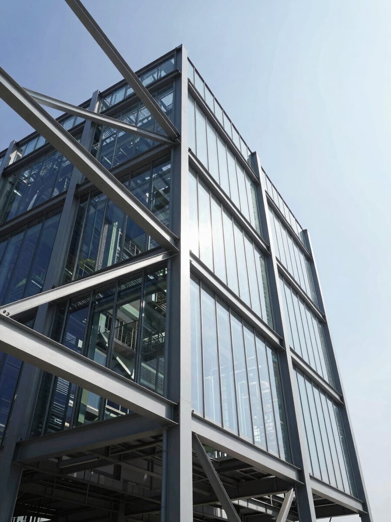 Low-angle architectural photography of a modern industrial steel structure and high-resistance glass facade. Bright natural daylight casting sharp, high-contrast shadows against a clear sky, emphasizing structural lines.