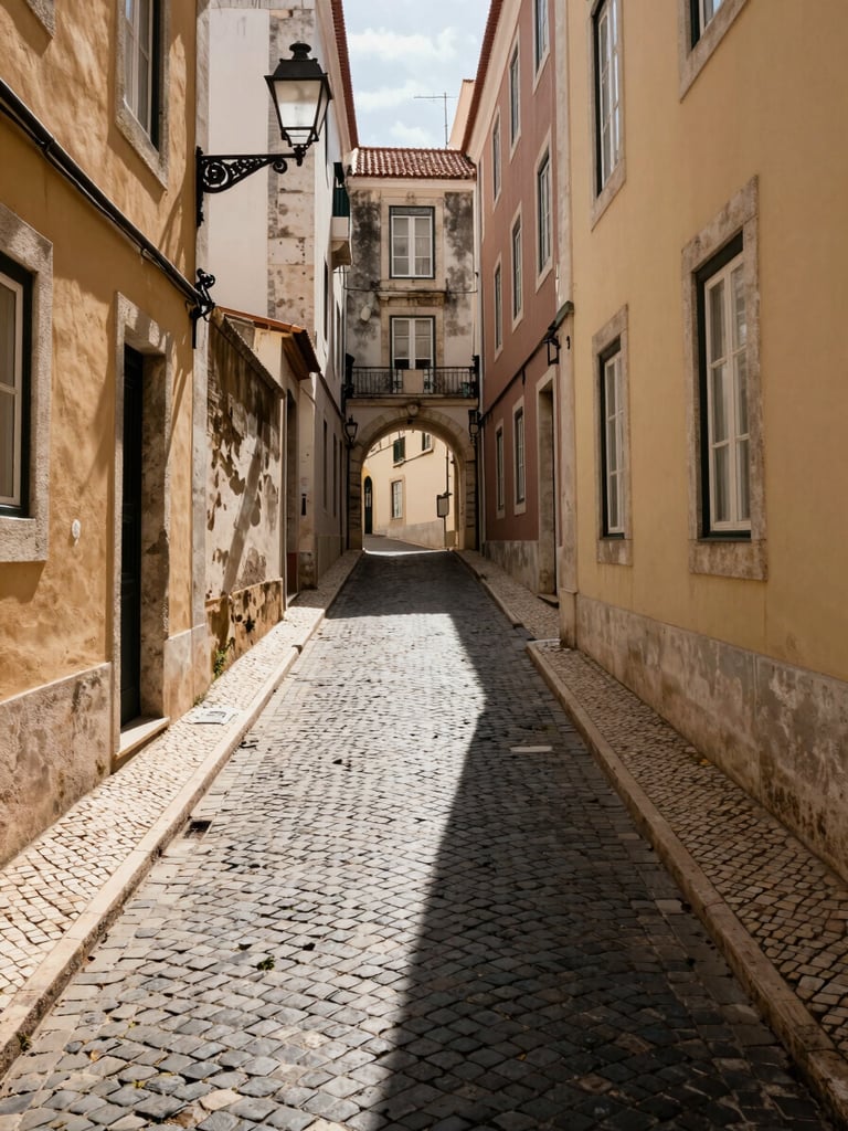 Portrait orientation — narrow cobblestone alley in Alfama, Lisbon, steep incline visible, late-morning sidelight casting a hard shadow line down the center of the lane, worn plaster walls in faded ochre and cream, an iron street lamp in the upper left corner, no people mid-frame, the geometry of the alley converging toward a distant archway, textural specificity of the stone surface, natural light only