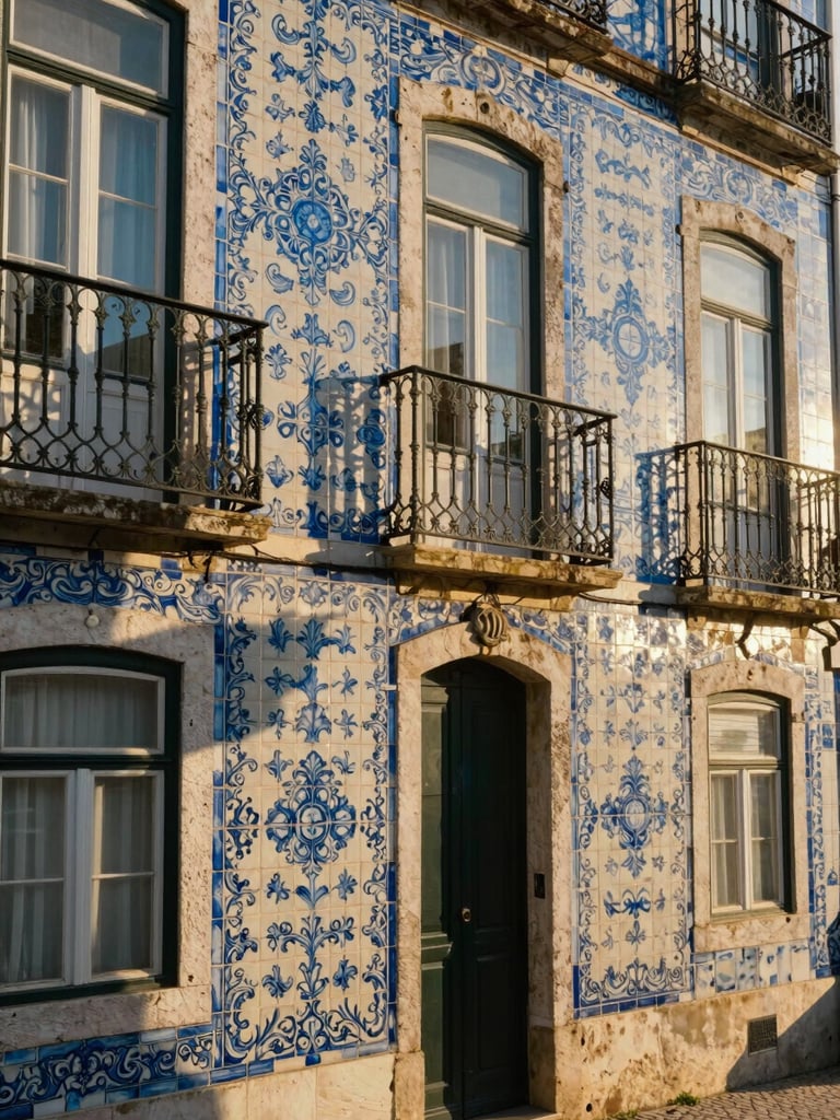 Right-edge bleed, portrait orientation — close-medium view of a Lisbon building facade covered in hand-painted blue-and-white azulejo tiles, late-afternoon sun raking across the surface at a low angle, casting sharp shadows from window frames and iron balcony railings, one narrow arched doorway slightly off-center, no people, the geometry of the tile pattern dominant, warm golden Atlantic light, hyper-specific texture visible in the glaze