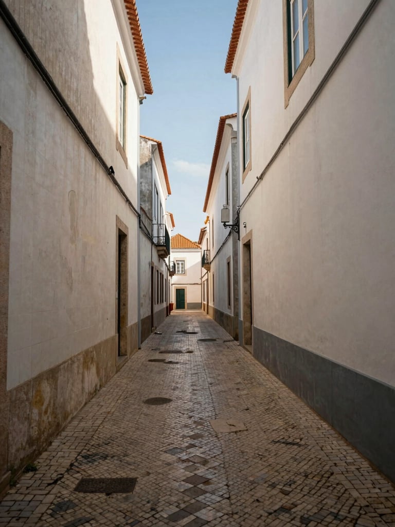 Wide panoramic environmental frame looking down a sun-bleached Portuguese alley, morning light entering from the far end and pooling on cracked tile and plaster walls, no people, architectural geometry, shot from standing height with generous sky visible at the far opening