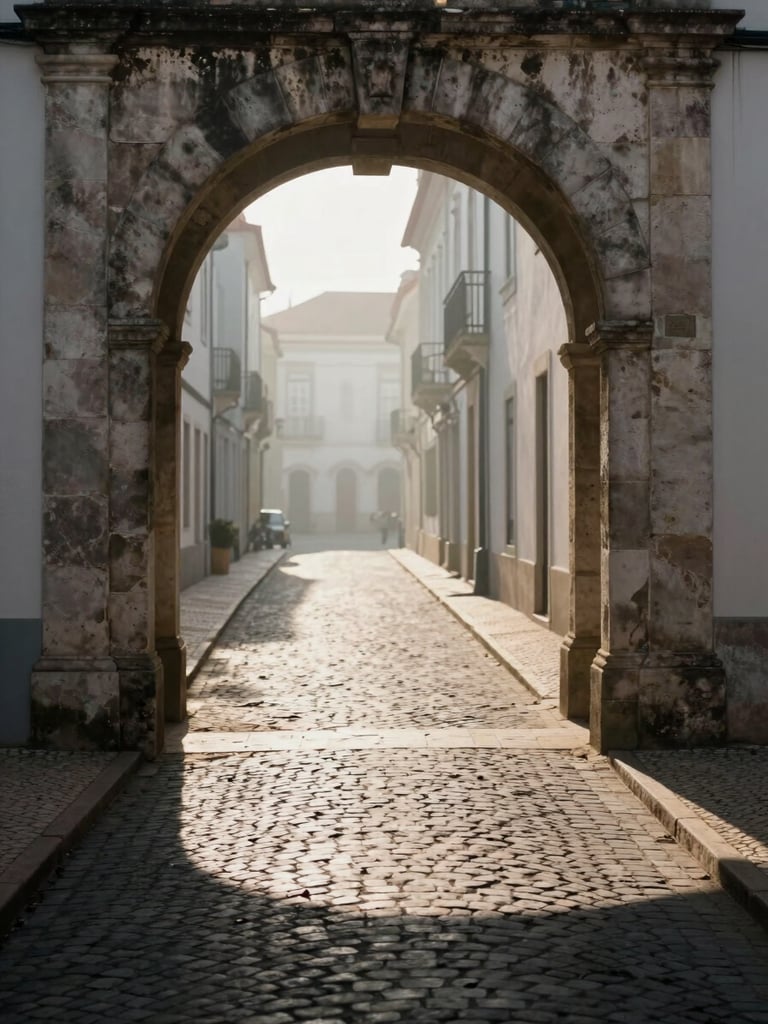 Wide portrait-oriented frame, morning light falling through a narrow stone archway onto an empty cobblestone lane, the far end of the street dissolving into soft haze, foreground in quiet shadow, light pooling in the middle distance — Portugal street scene, unhurried and specific