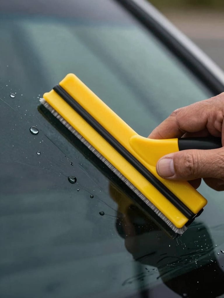 Extreme close-up of a specialist's hand using a yellow squeegee to smooth a dark window film onto a clean car window glass, water droplets squeezing out, dramatic side lighting highlighting the flawless edge.