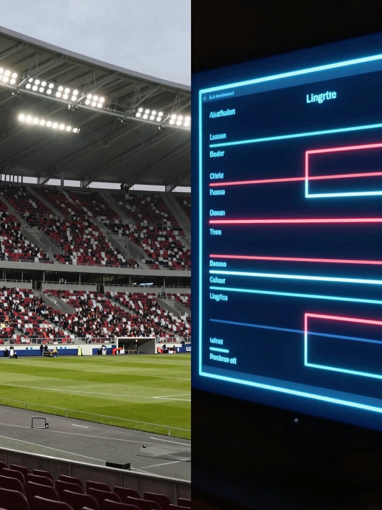 Split-screen composition showing a physical stadium with stage lights on the left, and a clean data visualization interface with neon lines on the right.
