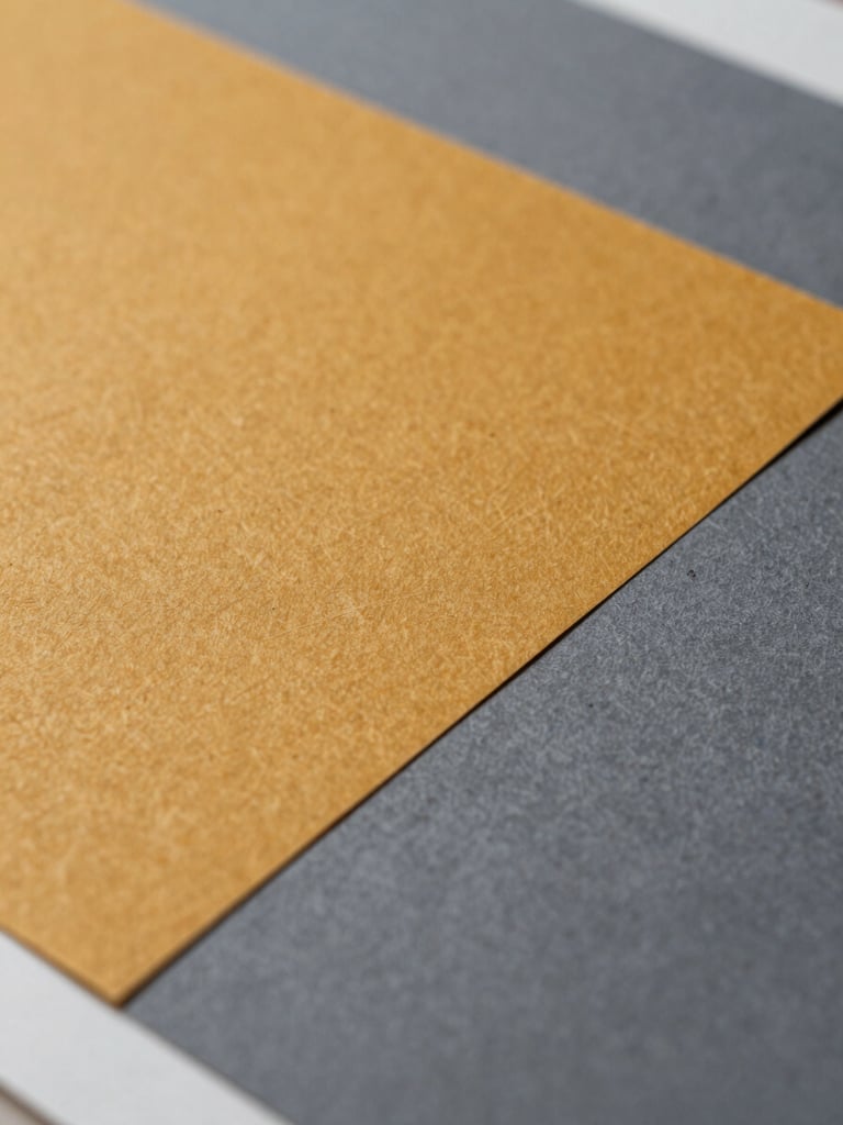 Macro crop of a vibrant amber and slate gray print proof under sharp studio lighting, highlighting the tactile paper grain.