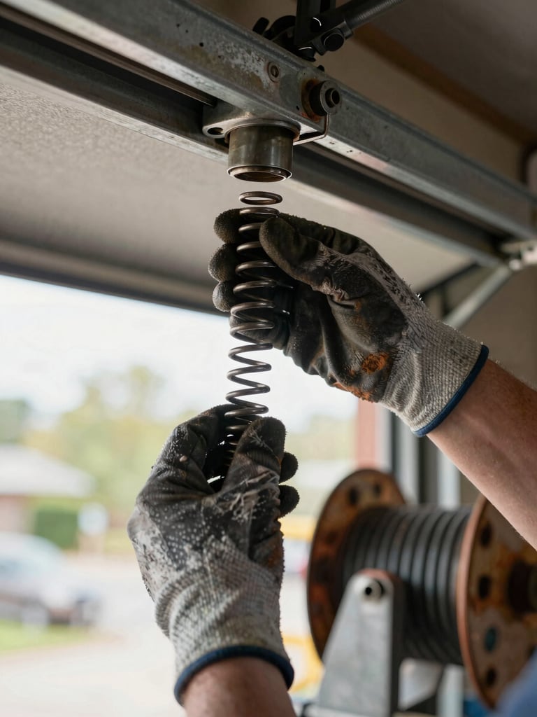 Tight close-up of a technician's gloved hands holding a broken torsion spring coil against a garage door header, natural side-lighting from an open bay door, worn steel hardware and rust-edged cable drum visible in background