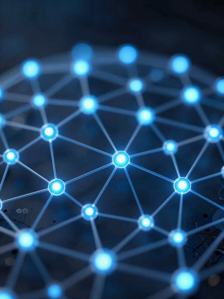 Abstract secure network nodes glowing in cool blue light, dark background, macro perspective, cryptographic elements, high contrast, 3D render