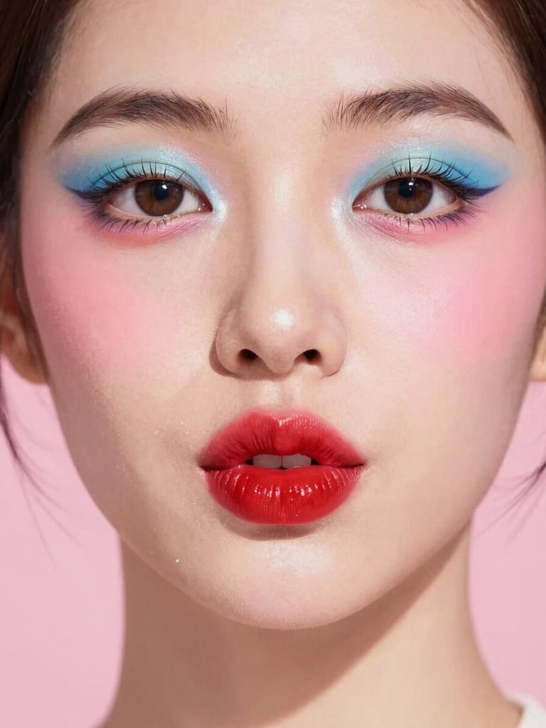 Vibrant editorial makeup portrait, bright high-key studio light, saturated retro tones. Close-up of a model with bold cherry red lips, playful expression, bubblegum pink background, high contrast.