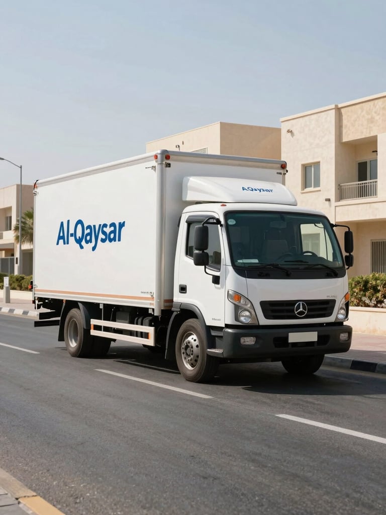 A clean, branded Al-Qaysar moving truck parked on a wide Khalifa City residential street during bright UAE daylight, portrait orientation.