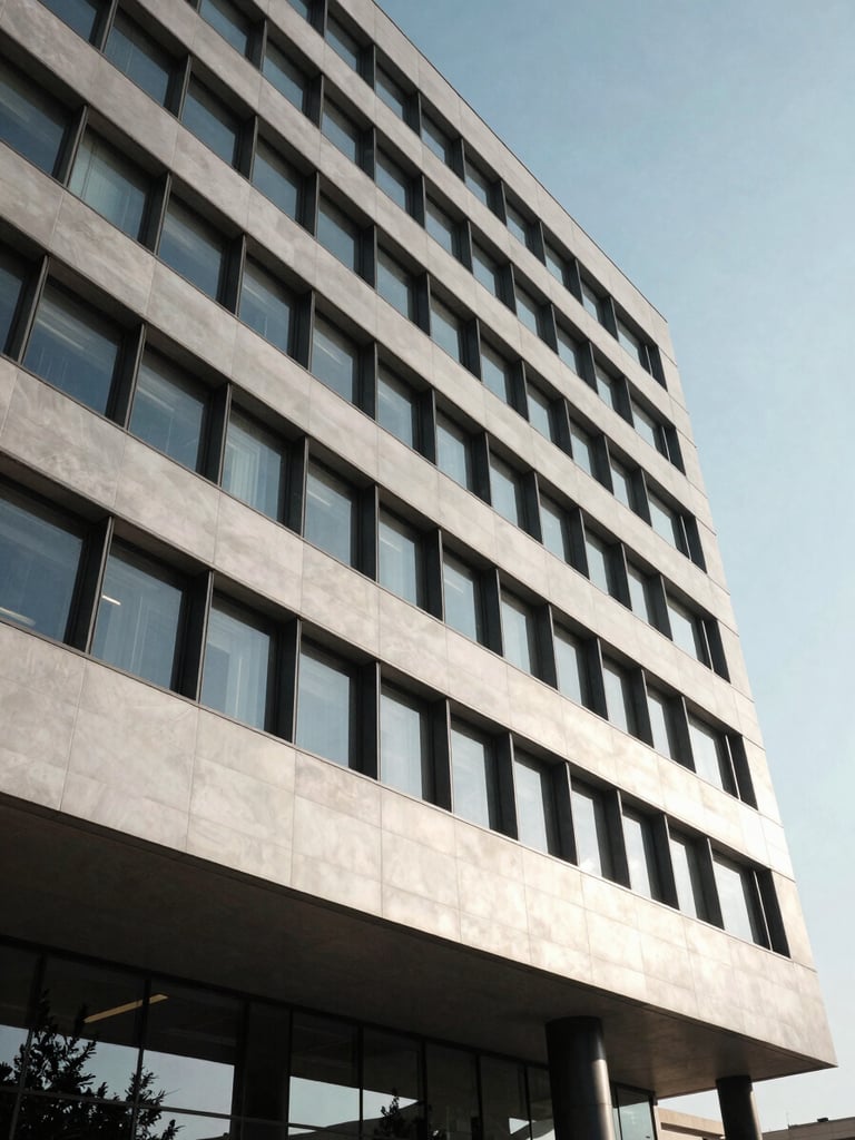 Dignified architectural close-up of a modern secure corporate headquarters in Baghdad, clean lines, high-contrast cinematic daylight, institutional weight.