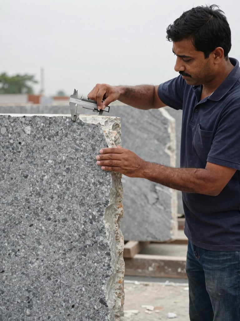 A portrait of stone yard owner Vishnu Singh using steel calipers to measure the thickness and inspect the edge profile of a standing premium grey quartzite slab, diffused natural overcast daylight, medium format.